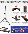 7x7 Foot Baseball Practice Net With Tee And Target For Backyard Training showing rubber tee with adjustable tripod and locking mechanism