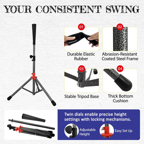 7x7 Foot Baseball Practice Net With Tee And Target For Backyard Training showing rubber tee with adjustable tripod and locking mechanism