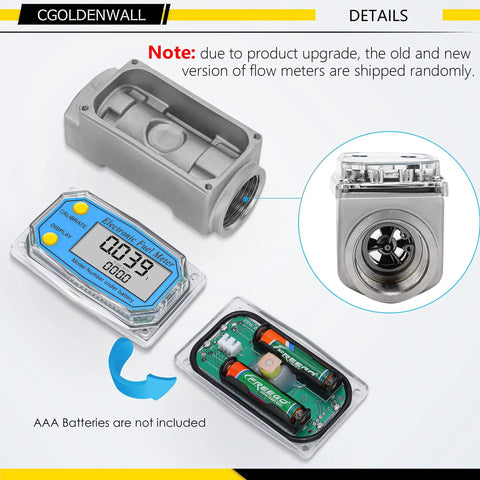 Turbine Flow Meter 1 Inch And Three Quarter Inch Digital Liquid Flowmeter For Water Diesel Kerosene Gasoline With 2 NPT Adapters 2.5 To 26 GPM Range Gallons Liters Pints Quarts No Battery Needed Easy Install, showing front view with components