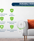 Living room wall with 10 Pack 3.6A USB Wall Outlet Charger, Dual USB Ports With 5V 3.6A Total, featuring safety icons and couch