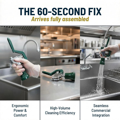 Royal Series Pre-Rinse Spray Head Valve, ergonomic green grip, 1.15 GPM flow, in commercial kitchen setting, universal fit.