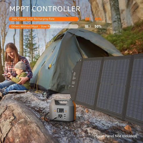 Ultra Portable Power Station 150W 155Wh Solar Generator near tent with MPPT controller and solar panel, outdoor camping scene