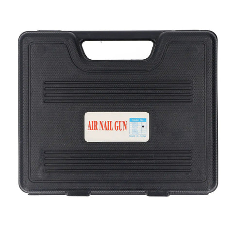 Heavy Duty Pneumatic Brad Nailer With Aluminum Body For Woodworking Furniture Cabinet Refinish And Ceiling Repair 22 Gauge 4 To 16 Millimeter Nails in a black carrying case.