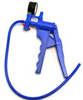 Blue handheld vacuum pump with gauge and 19.5-inch flexible tube, side view