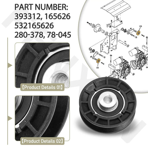 Two Pack V Idler Pulley Drive Assembly Kit For Grasshopper 718 720 721D Mowers Beefed Up Heavy Duty Replacement Drive System With Durable Bearings And Easy Install. Black V idler pulley with steel bearing, part numbers 393312 and 165626.
