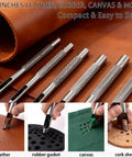 Six Size Hollow Leather Punch Set With Knurled Grip For Belts And Watch Straps Carbon Steel Hole Punch Tools Pro Grade 1.5mm To 4mm Easy To Use For Leather Craft With Size Markings For Diy Projects, showing five punch tools and cut samples in leather, rubber, canvas, and cork.