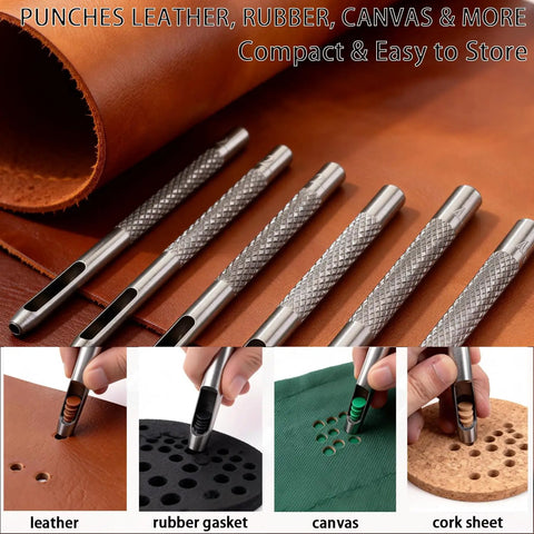 Six Size Hollow Leather Punch Set With Knurled Grip For Belts And Watch Straps Carbon Steel Hole Punch Tools Pro Grade 1.5mm To 4mm Easy To Use For Leather Craft With Size Markings For Diy Projects, showing five punch tools and cut samples in leather, rubber, canvas, and cork.