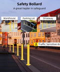 Heavy Duty 4 Pack Safety Bollards 36 Inch Height 4.5 Inch Steel Pipe Posts, yellow, in warehouse, parking lot, driveway, and traffic area.