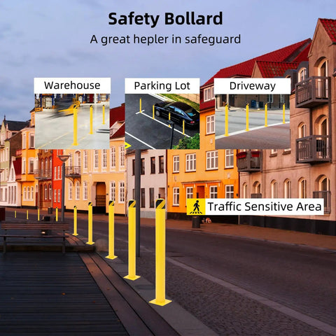 Heavy Duty 4 Pack Safety Bollards 36 Inch Height 4.5 Inch Steel Pipe Posts, yellow, in warehouse, parking lot, driveway, and traffic area.