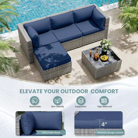 Outdoor Cushions Set for Patio Furniture With Five Pillows Weatherproof Navy Replacement Cushions 4 Inch Deep Seats for 4 Seat Sectional Sofa Couch All Weather Comfort