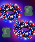 Red White And Blue Outdoor String Lights 2 Pack With Timer 100 LED Total About 33 Ft Waterproof Battery Operated For 4th Of July Memorial Day And Patriotic Decor With 8 Modes displayed in coils with control boxes