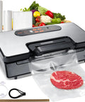 Killer Suction 90Kpa Dual Pump Vacuum Sealer Machine with vacuum bag and steak, ideal for fresh storage.