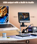 4K 30FPS HDMI Digital Microscope With 10.1 Inch Screen For Soldering And Coin Viewing 1500X Magnification 3840P UHD Video Audio 56 LED Ring Light Full Coin View PC View 64GB, desktop setup with laptop and soldering station