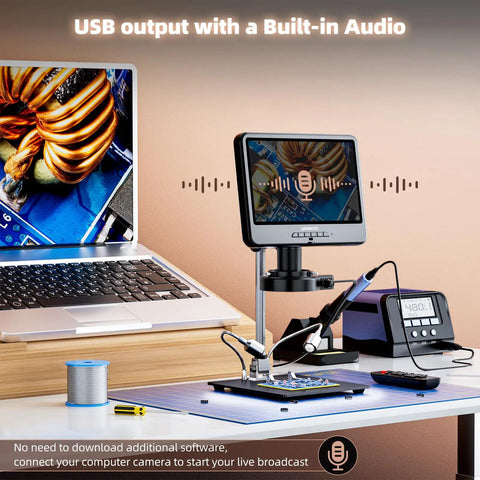 4K 30FPS HDMI Digital Microscope With 10.1 Inch Screen For Soldering And Coin Viewing 1500X Magnification 3840P UHD Video Audio 56 LED Ring Light Full Coin View PC View 64GB, desktop setup with laptop and soldering station