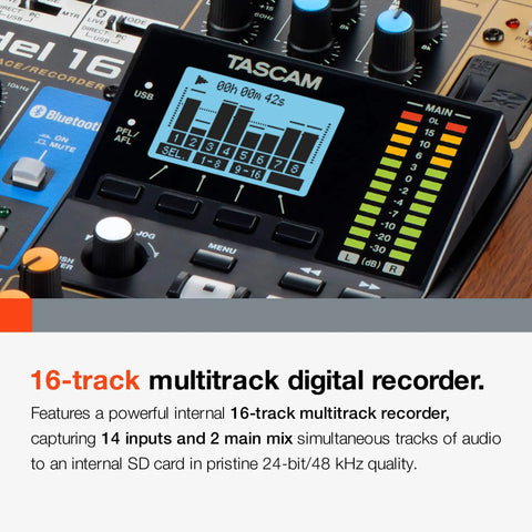 Close-up of All In One 16 Track Studio Recorder And Mixer With USB Audio Interface And SD Card Recording Capabilities display