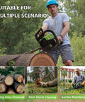 Man using Gas Chainsaw With 58cc 2 Cycle Engine, 3.6 HP, 18 And 22 Inch Bars for tree cutting firewood logging in forest