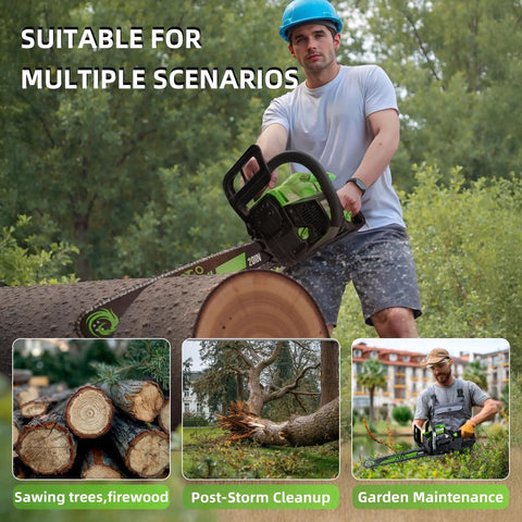 Man using Gas Chainsaw With 58cc 2 Cycle Engine, 3.6 HP, 18 And 22 Inch Bars for tree cutting firewood logging in forest
