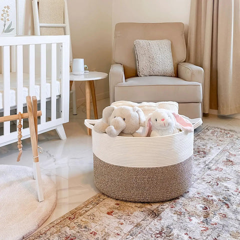 XXL Cotton Rope Blanket Basket With Handles For Living Room Storage 21.7 Inches Square And 13.8 Inches Tall Handwoven filled with toys