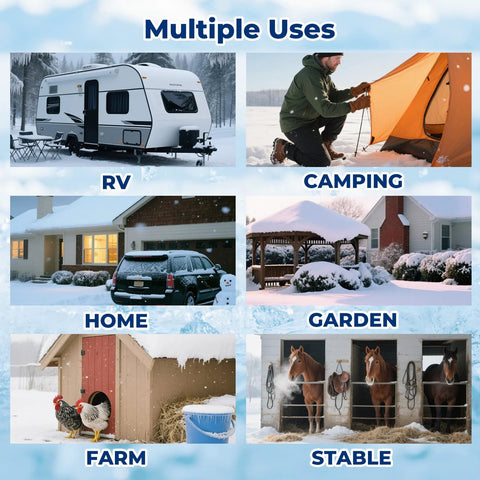 Heated water hose collage showing six use cases: RV, camping, home, garden, farm, stable.