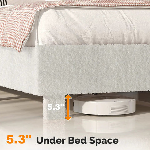 Under bed detail showing 5.3" clearance for cleaning, featuring White Queen Boucle Upholstered Platform Bed With Rounded Headboard Sturdy Wood Slats Plush Cloud Back Cushioning Straight Up Comfy Modern Bedroom Essentials.