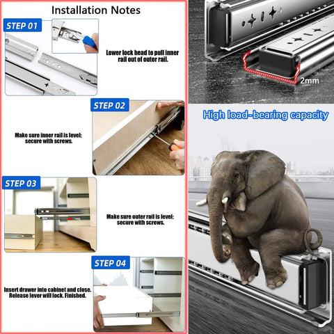 Installation process for Beefy Drawer Slides With Lock And Soft Close Full Extension Ball Bearing Detachable Sides, elephant on slides