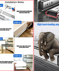 Installation of Beefed Up Heavy Duty Full Extension Drawer Slides with Locking Handle and elephant demonstrating load capacity.