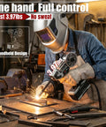 Person using 2 in 1 Handheld MIG and Stick Welder Workhorse Portable 250A Flux Core Gasless Welder 110V in workshop.