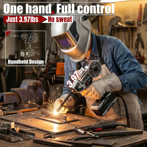 Person using 2 in 1 Handheld MIG and Stick Welder Workhorse Portable 250A Flux Core Gasless Welder 110V in workshop.