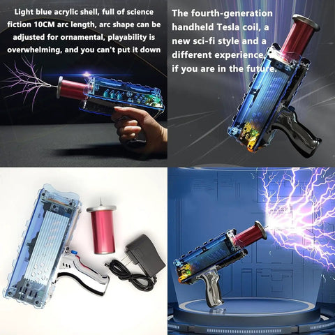 Portable Spark Gap Arc Generator Handheld Tesla Coil Gun Touchable Artificial Lightning Adjustable Precision Dual Mode Dope Science Experiment Tool For Teens And Curious Makers Rechargeable Power With Global 110 240V Compatibility, blue acrylic shell, 10cm arc