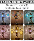 Totally Handmade Turkish Moroccan Swan Neck Tiffany Style Mosaic Glass Table Lamp With Colorful Hand Cut Glass Globes glowing.