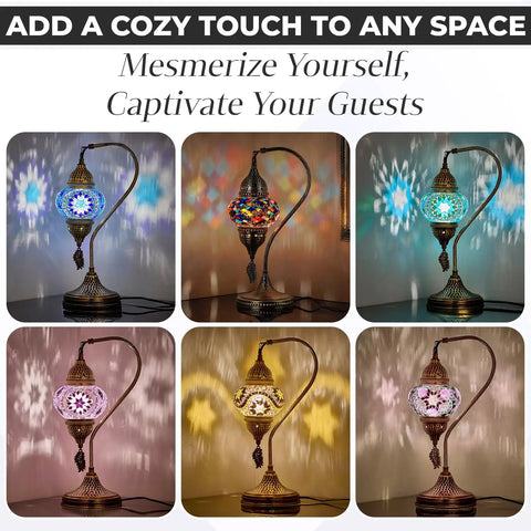 Totally Handmade Turkish Moroccan Swan Neck Tiffany Style Mosaic Glass Table Lamp With Colorful Hand Cut Glass Globes glowing.