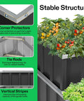 Three Tier Metal Raised Garden Bed 46 By 46 By 24 Inches Galvanized Steel Outdoor Planter Box Stair Step Design For Flowers Vegetables And Herbs Heavy Duty Garden Kit Includes Gloves And Scissors In Dark Gray showing corner protectors, tie rods, and vertical stripes