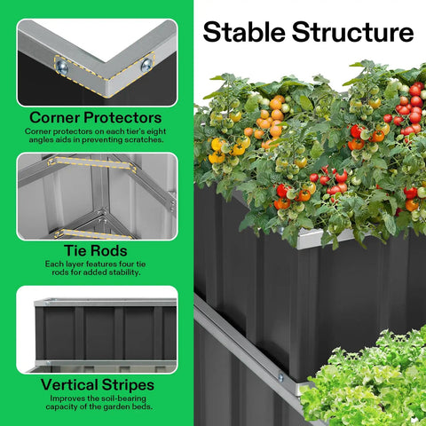 Three Tier Metal Raised Garden Bed 46 By 46 By 24 Inches Galvanized Steel Outdoor Planter Box Stair Step Design For Flowers Vegetables And Herbs Heavy Duty Garden Kit Includes Gloves And Scissors In Dark Gray showing corner protectors, tie rods, and vertical stripes