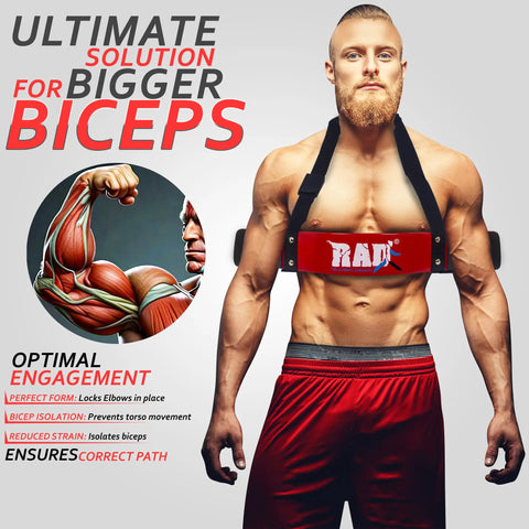 Arm Blaster For Biceps And Triceps, 24 Inch Curl Brace shown worn by a man, highlighting muscle focus and form correction.
