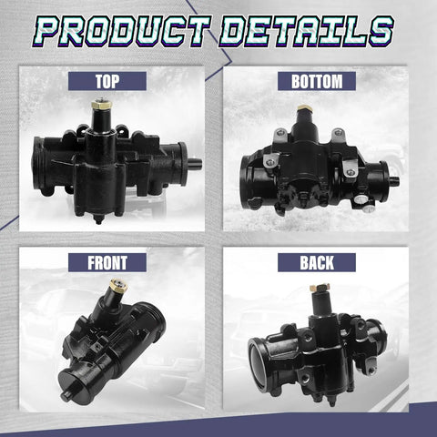 Complete Power Steering Gear Box Assembly Fits Chevy C10 C20 C30 And Gmc R2500 Jimmy R3500 1980 1991 OE 7846958 top, bottom, front, back views.