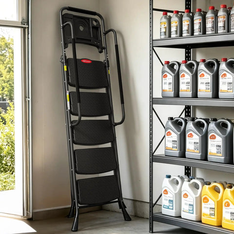 Five Step Folding Ladder With Handy Tool Tray And Safe Handrails For Home DIY Projects Portable Compact Step Stool With Locking Safety Anti Slip Feet For Easy Reach, folded black metal ladder by shelves