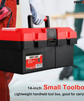 Lightweight 14 Inch Plastic Tool Box With Comfortable Handle And Removable Tray, Dual Lock Latches, Red Finish, carried
