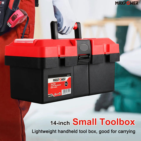 Lightweight 14 Inch Plastic Tool Box With Comfortable Handle And Removable Tray, Dual Lock Latches, Red Finish, carried