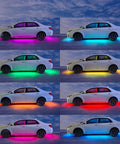Lit Under Car LED Underglow Kit With App Control And Remote 16 Million RGB Colors on car showcasing different color presets in dark