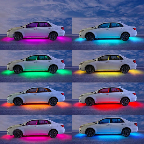 Lit Under Car LED Underglow Kit With App Control And Remote 16 Million RGB Colors on car showcasing different color presets in dark