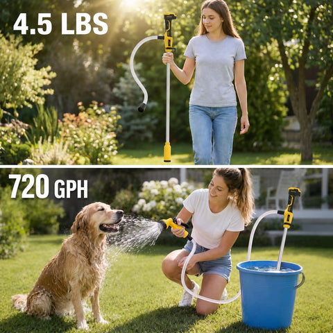 Compact Cordless Stick Water Transfer Pump For Outdoor Tank Draining And Emergency Fluid Removal, 4.5 lbs, used for watering dog and outdoor tasks.