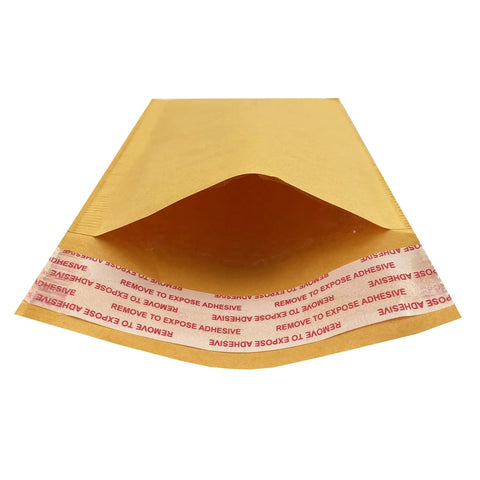 Open view of Sturdy Kraft Bubble Self Seal Padded Envelopes 4x8 Inches for Shipping 50 Pack with adhesive strip visible
