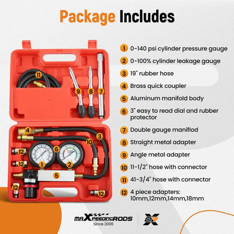 Front view of maXpeedingrods Cylinder Leak Down Tester Kit in red case with dual gauges, hoses and adapters