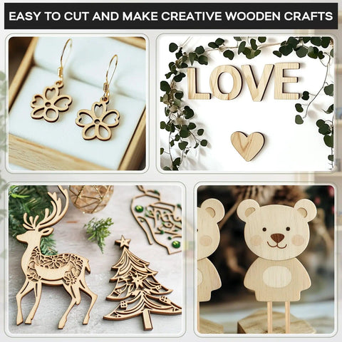 Unfinished Balsa Wood Sheets And Dowel Rods Craft Kit Handy Easy To Cut Basswood Strips And Sticks For DIY Projects showcasing craft ideas like earrings, wall decor, and wood figures.