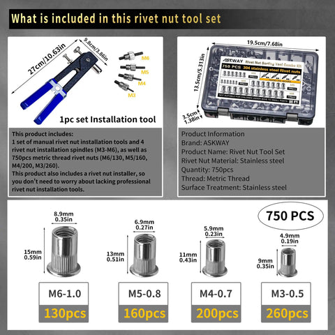 Rivet Nut Tool Kit Workhorse 750 Pieces Stainless Steel Rivet Nuts And Installation Tool Set layout with measurements and details.