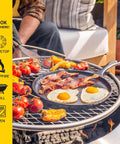 Round Cast Iron Griddle Pan 10.5 Inch Pre Seasoned Non Toxic PFAS Free Cookware outdoors cooking eggs and bacon on campfire