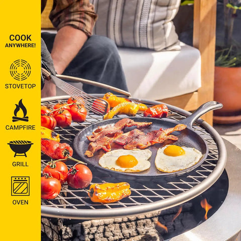 Round Cast Iron Griddle Pan 10.5 Inch Pre Seasoned Non Toxic PFAS Free Cookware outdoors cooking eggs and bacon on campfire