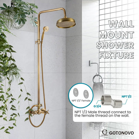 Antique Brass Wall Mount Shower Faucet Set With 8 Inch Rain Shower Head Dual Cross Handles Exposed Shower System