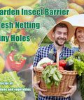 Happy gardeners holding basket of vegetables, text overlay 'Garden Insect Barrier Mesh Netting Tiny Holes', vegetables in background