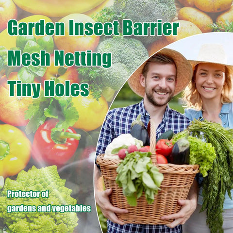 Happy gardeners holding basket of vegetables, text overlay 'Garden Insect Barrier Mesh Netting Tiny Holes', vegetables in background